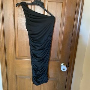 Lulu’s brand black one shoulder ruched, midi length dress. Size small.
